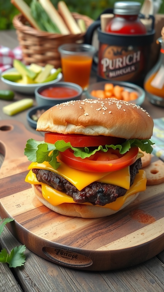 A classic cheeseburger with melted cheese, lettuce, tomato, and pickles on a wooden board.